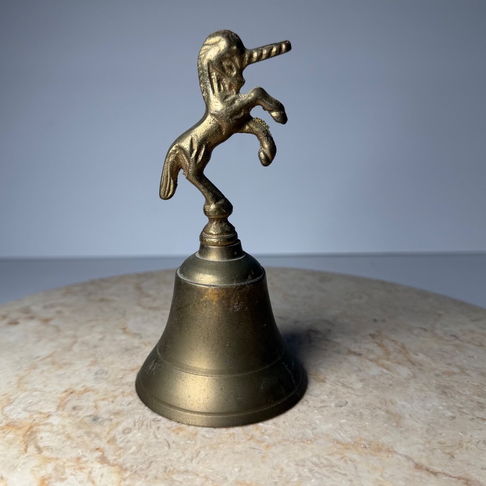 Vintage Brass Unicorn Hand Bell 5in Gold Rearing Mythical Fantasy Decor